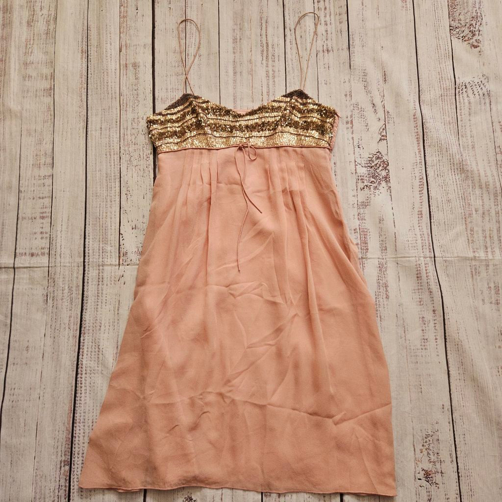 Hugo Boss Sequin Silk Pink Babydoll Dainty Bow Mini Dress Tank Womens Small Y2K